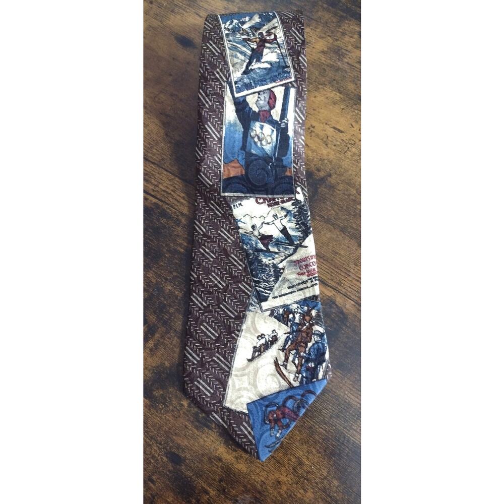 Guess mens tie vintage 90's preppy necktie multicolor brown ski theme